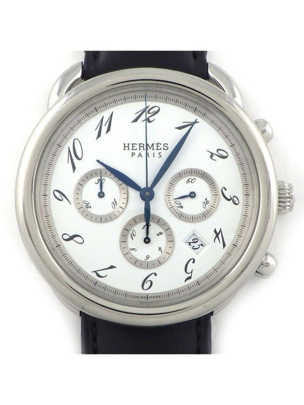 Hermes Watch Arceau Date Chronograph Small Seconds White Dial Leather Strap SS